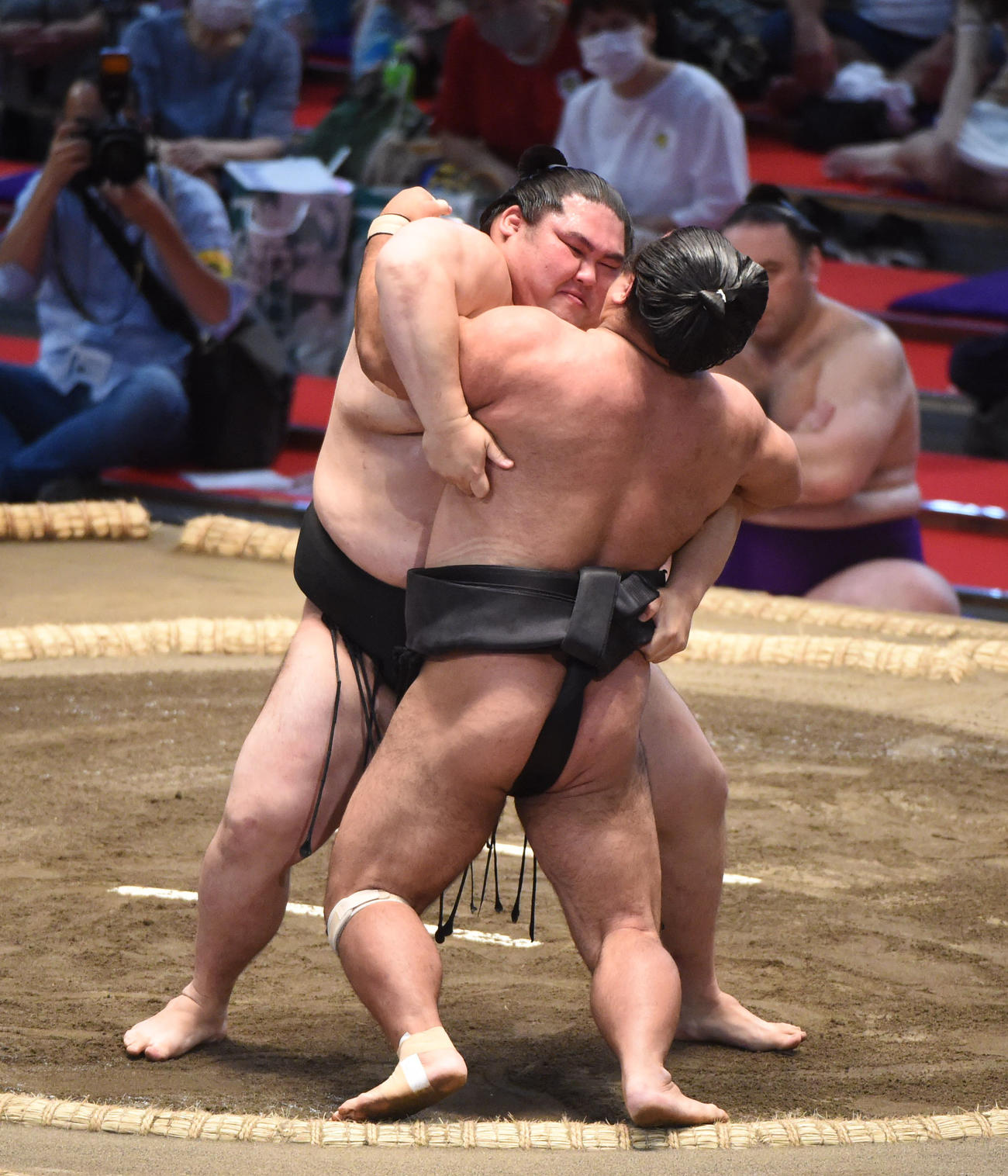 大相撲名古屋場所11日目　大奄美（左）は松鳳山に力強く寄る（撮影・森本幸一）