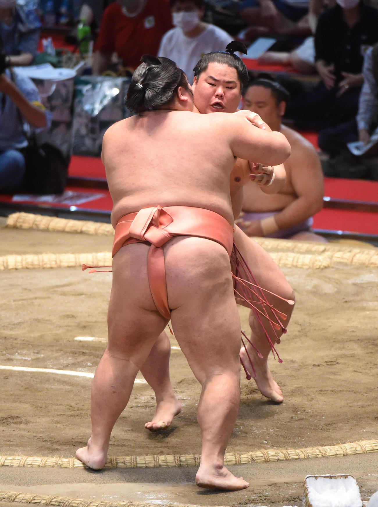 大栄翔（奥）は千代大龍を押し出しで破る（撮影・森本幸一）