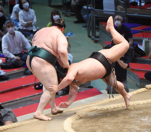 大相撲名古屋場所12日目　千代ノ皇（右）は碧山を押し出しで破る（撮影・森本幸一）