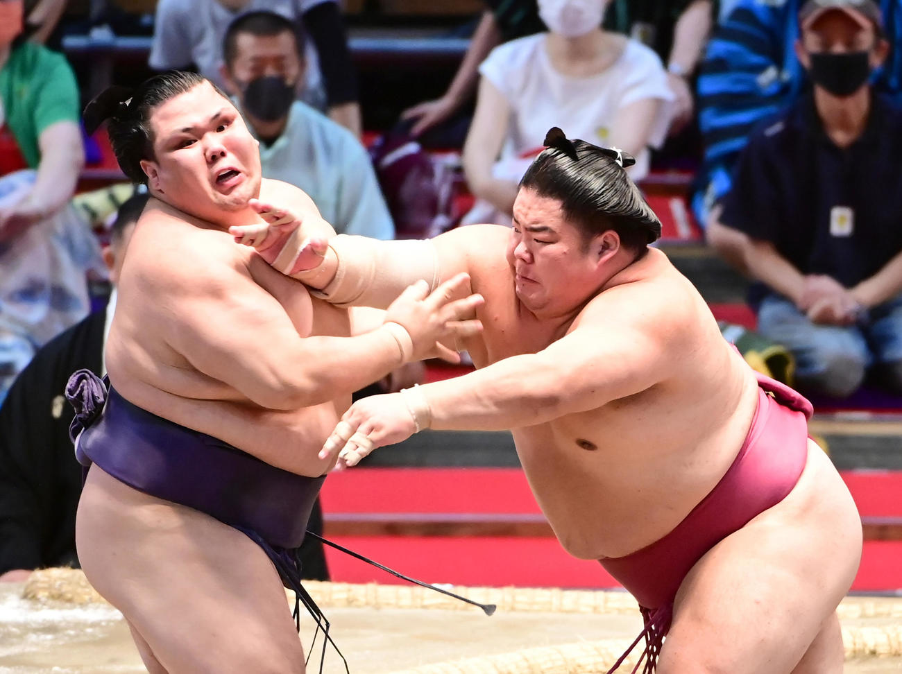 大栄翔（右）は阿武咲を押し出しで破る（撮影・小沢裕）