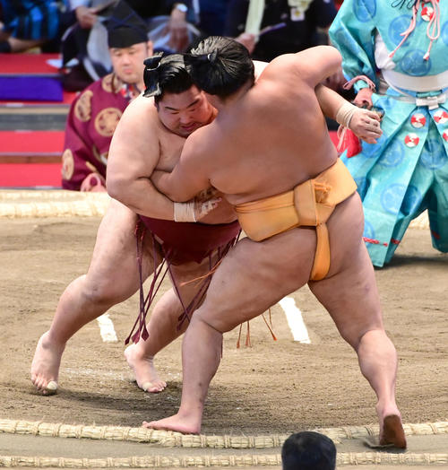 徳勝龍（左）は寄り切りで旭大星を破る（撮影・小沢裕）