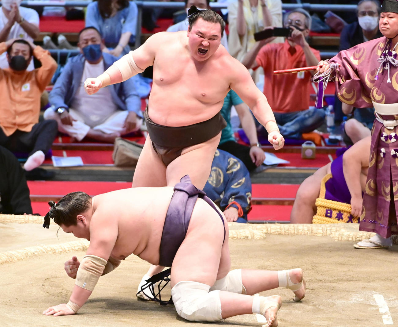 白鵬は照ノ富士（手前）を小手投げで破り全勝優勝を決め歓喜の表情で雄たけびを上げる（撮影・小沢裕）