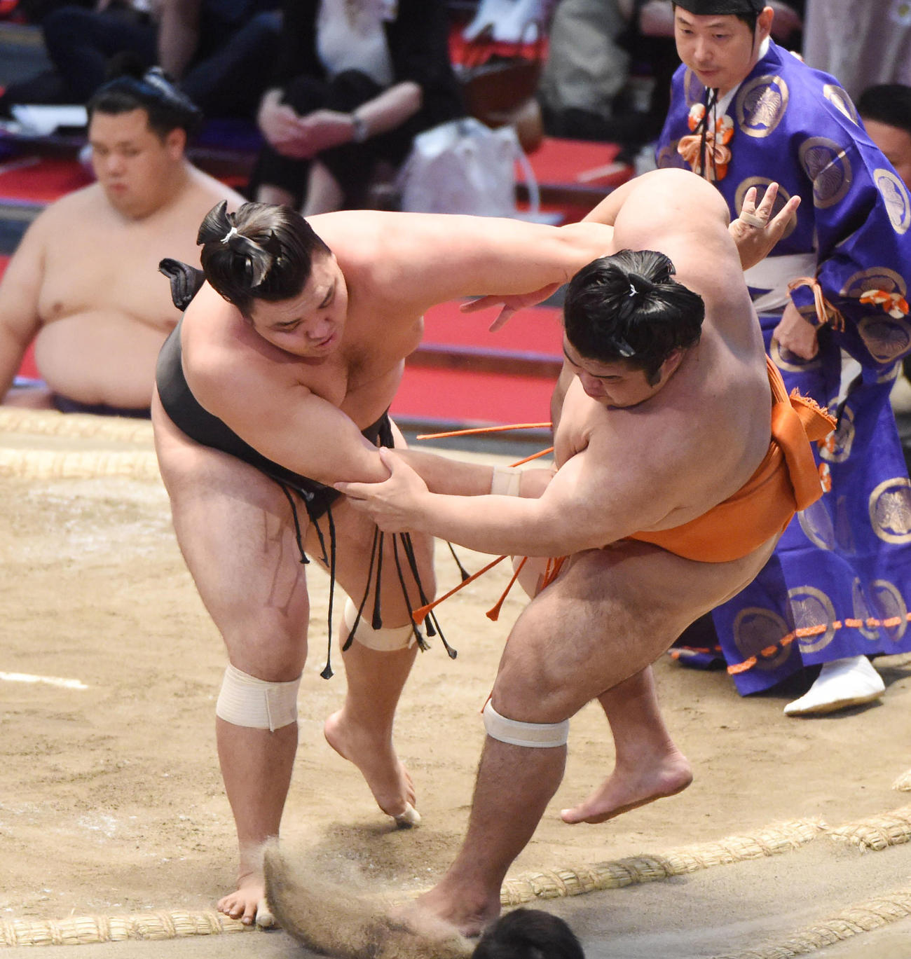 大相撲名古屋場所千秋楽　霧馬山（左）は志摩ノ海を寄り倒しで破る（撮影・森本幸一）