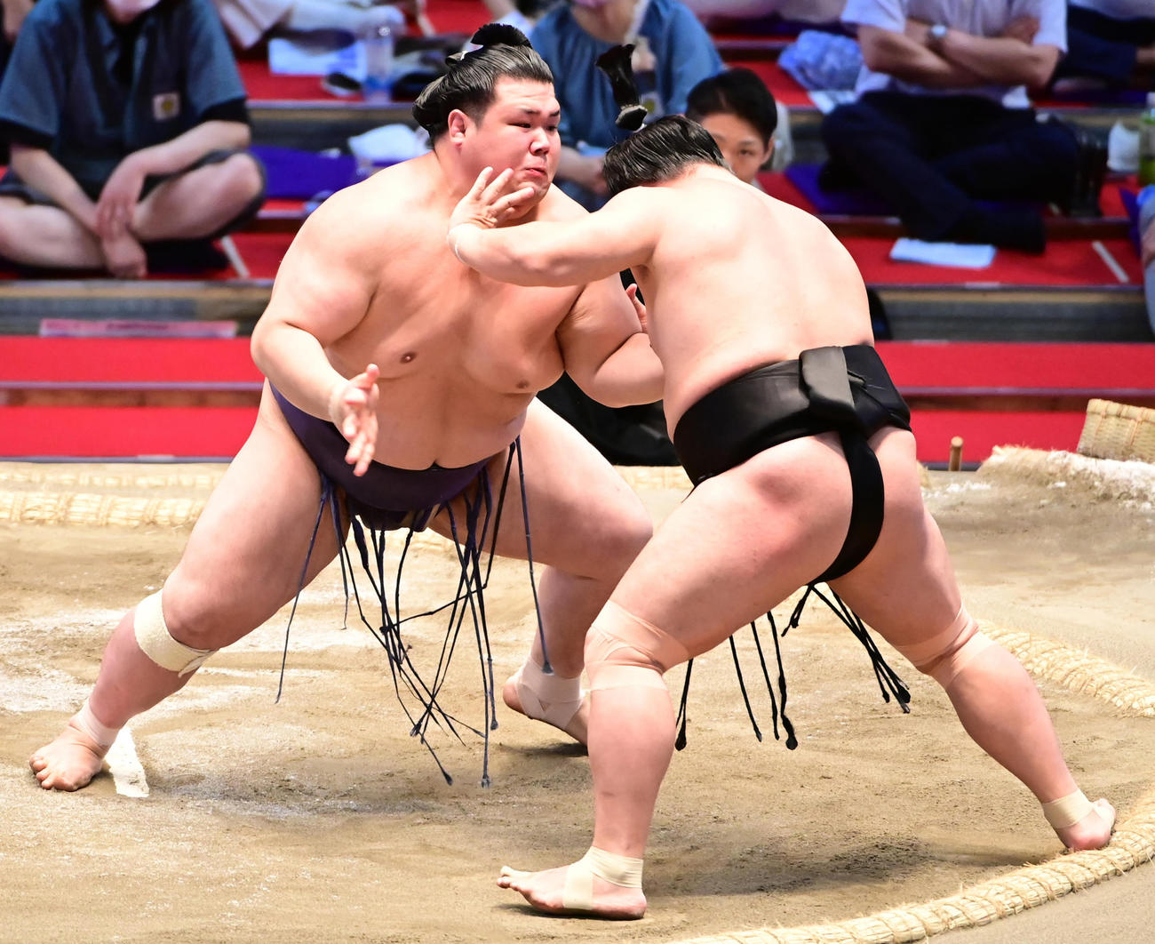 阿武咲（左）は照強を押し出しで破る（撮影・小沢裕）