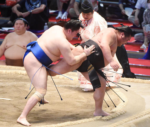 大相撲名古屋場所千秋楽 一山本(左)は千代ノ皇を送り出しで破る(撮影・森本幸一)