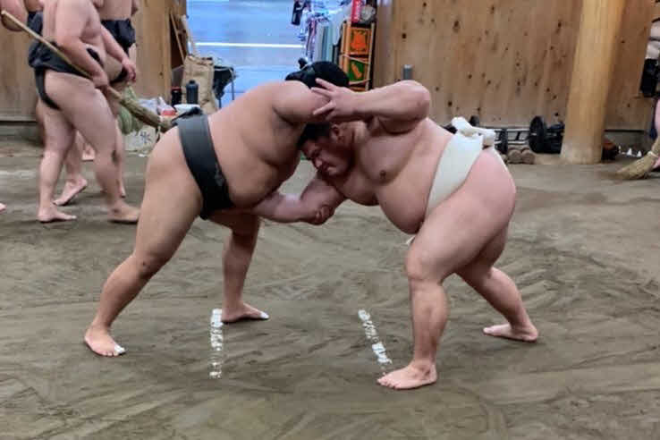 若い衆と相撲を取る宇良（右）