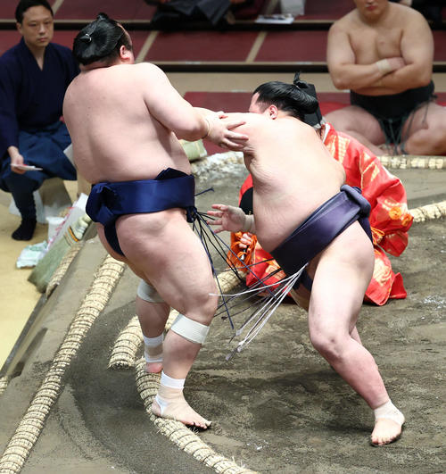 宝富士（左）を押し出しで破る阿武咲（撮影・河田真司）