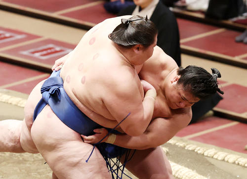 逸ノ城（左）を攻める若隆景（撮影・鈴木正人）