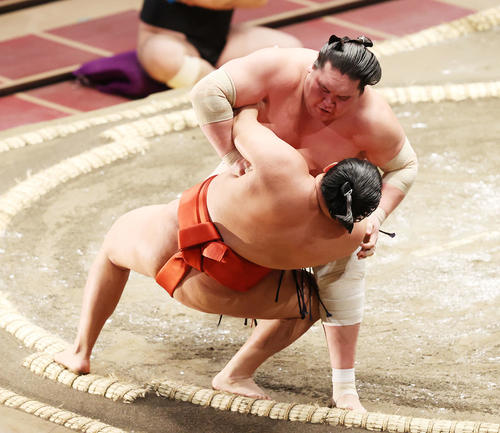 豊昇龍（手前）を寄り倒しで破る照ノ富士（撮影・鈴木正人）