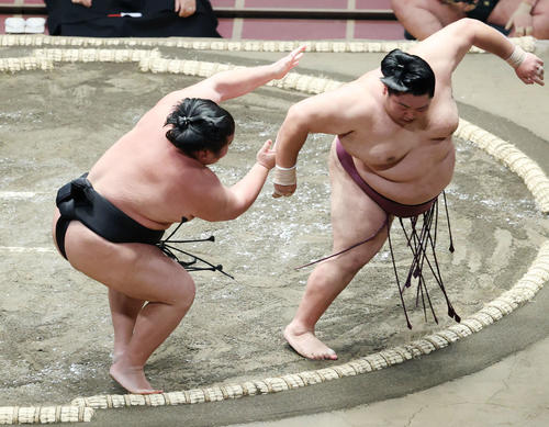 徳勝龍（右）を突き落としで破る千代ノ皇（撮影・河田真司）