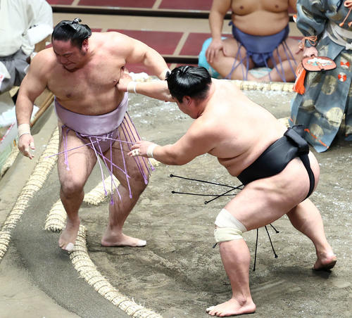琴恵光（左）を押し出しで破る妙義龍（撮影・河田真司）
