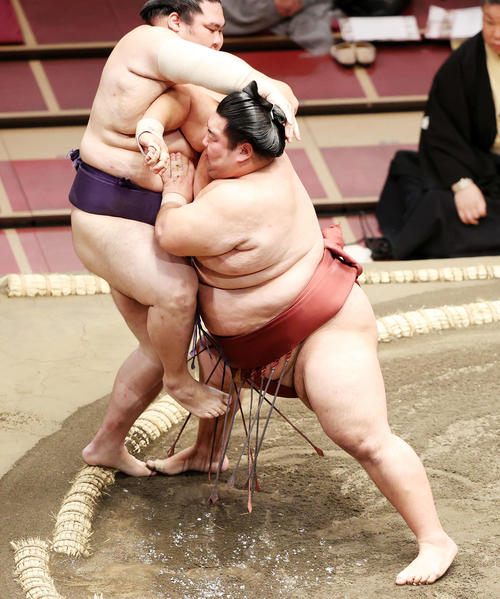 大奄美（左）を押し出しで破る徳勝龍（撮影・鈴木正人）