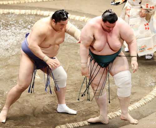 碧山（右）を押し出しで破る隠岐の海（撮影・鈴木正人）