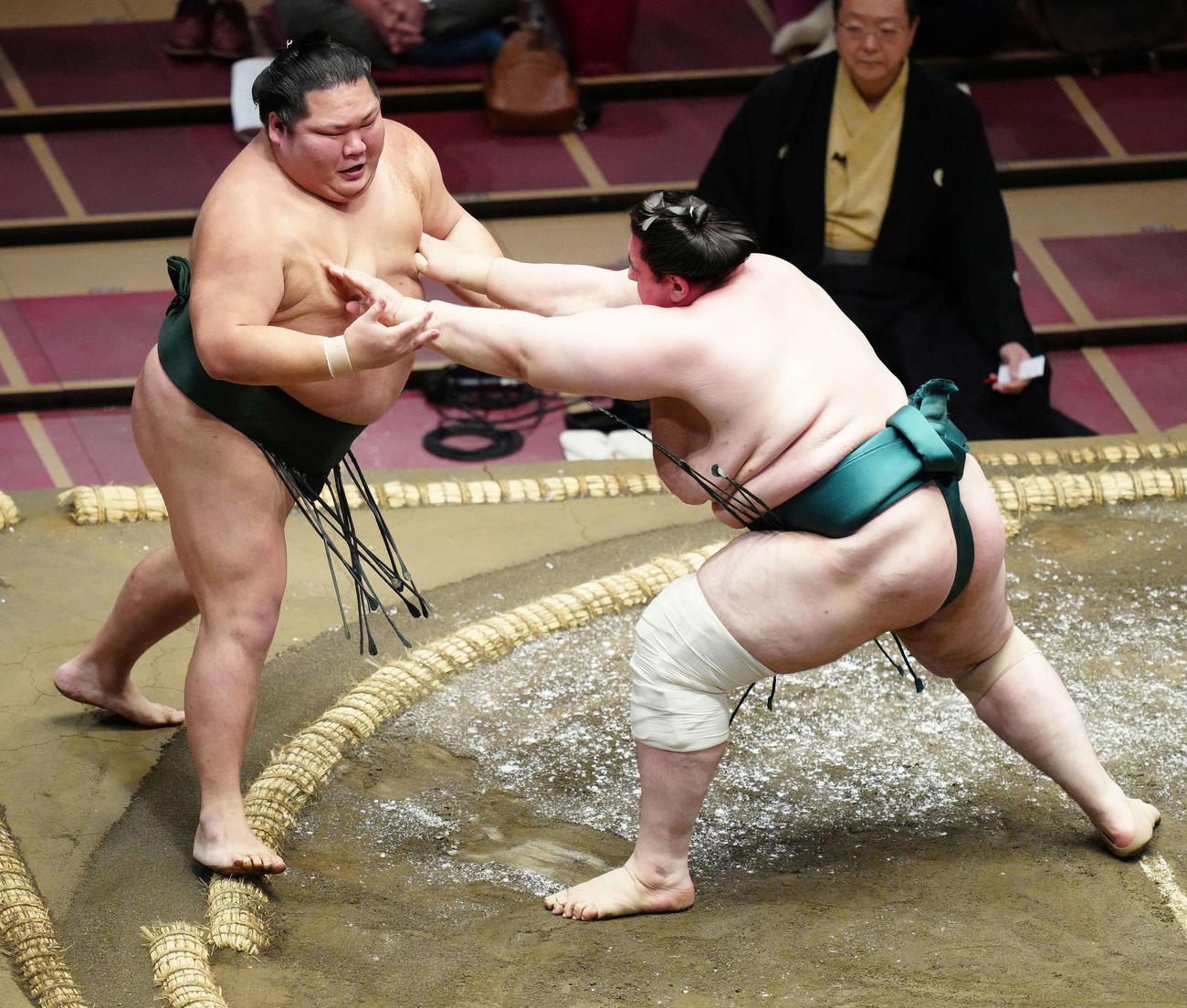 千代大龍（左）を押し出しで破る碧山（撮影・江口和貴）