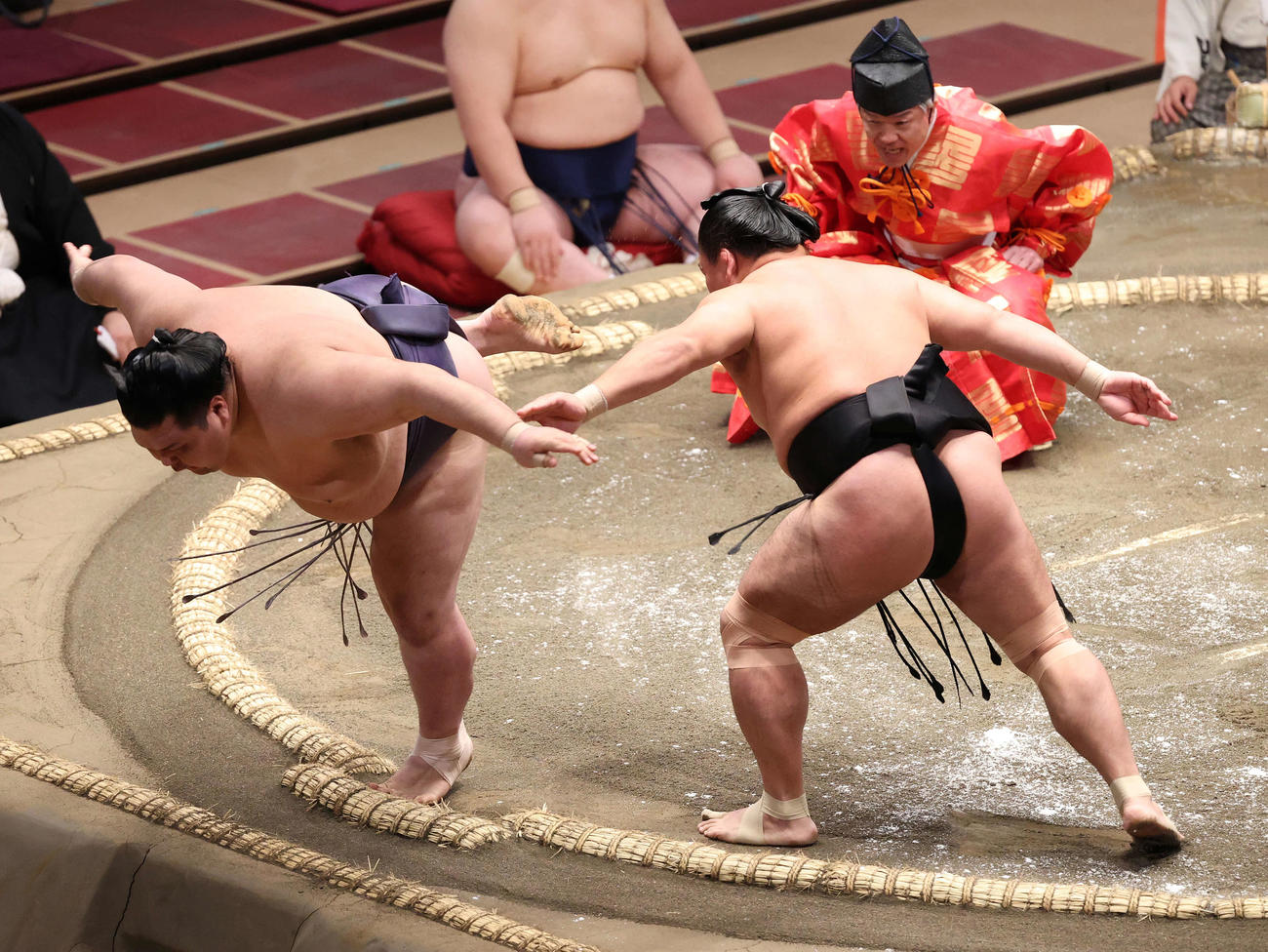 阿武咲（左）をはたき込む照強（撮影・河野匠）
