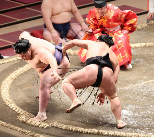阿武咲（左）をはたき込む照強（撮影・河野匠）