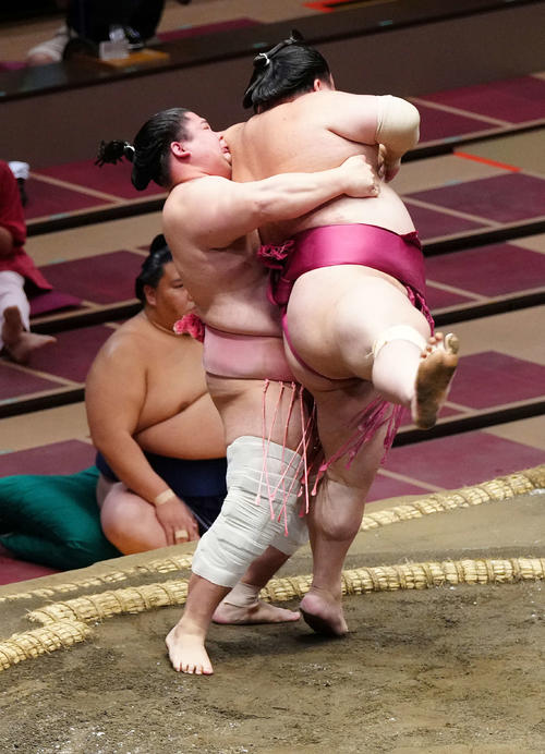 大栄翔（右）を送りつり出しで破る宇良（撮影・江口和貴）