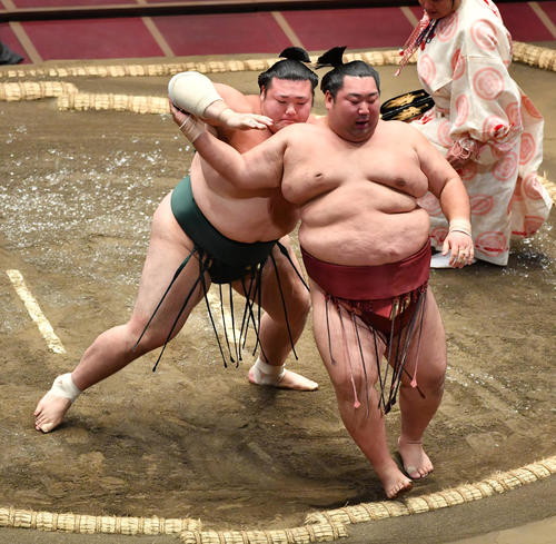 豊山（左）は徳勝龍を送り出しで破る（撮影・柴田隆二）
