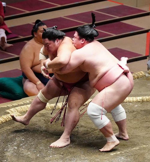 大栄翔（左）を送りつり出しで破る宇良（撮影・江口和貴）