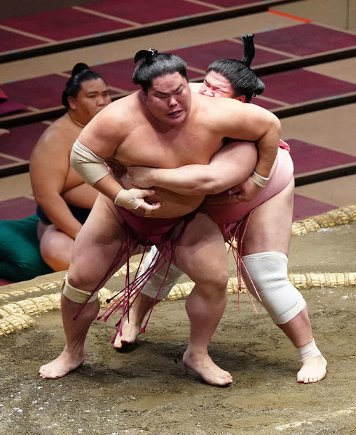 大栄翔（左）を送りつり出しで破る宇良（撮影・江口和貴）