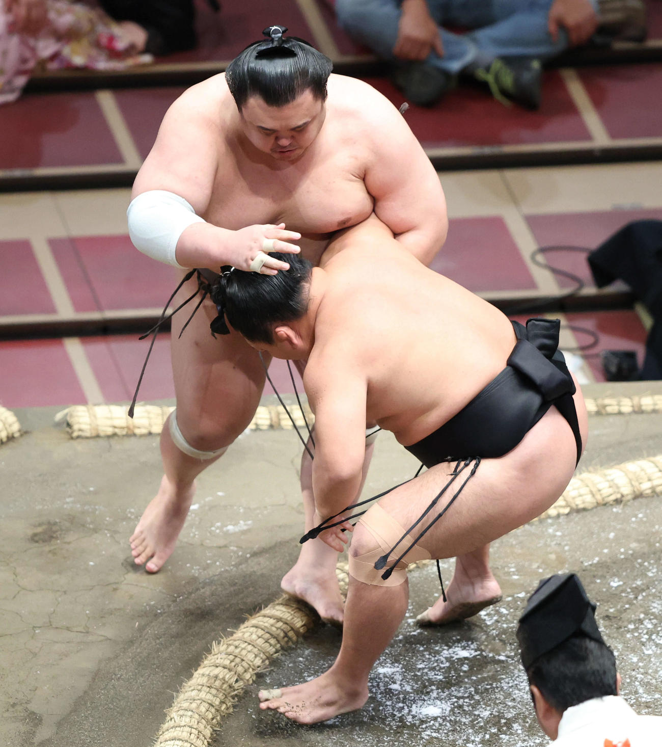 英乃海（左）を寄り切りで破る照強（撮影・河田真司）