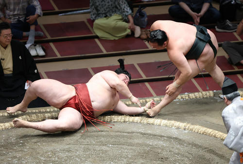 千代翔馬（右）を押し出しで破る隆の勝（撮影・河田真司）