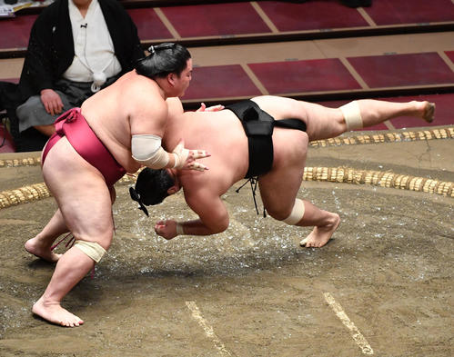 大栄翔（左）は霧馬山を引き落としで破る（撮影・柴田隆二）