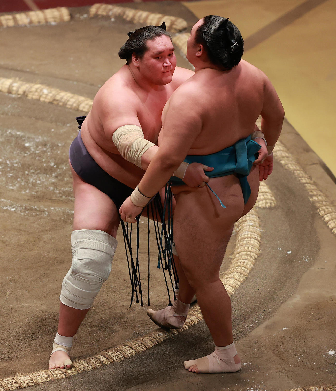 玉鷲（右）を寄り切りで破る照ノ富士（撮影・野上伸悟）