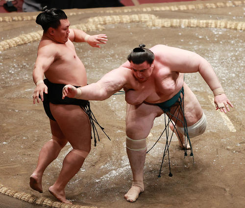 照強（左）を突き出しで破る碧山（撮影・野上伸悟）