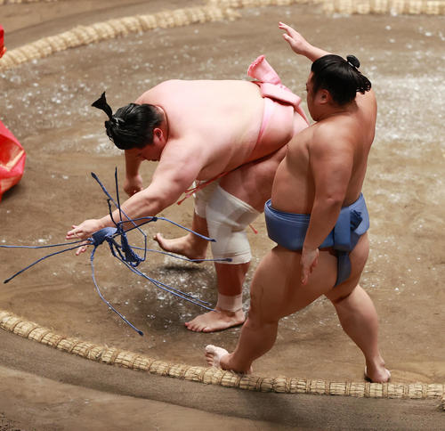 翔猿（手前）を押し倒しで破る宇良（撮影・野上伸悟）