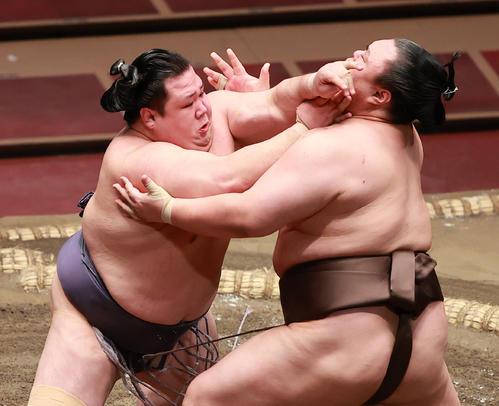 英乃海（右）を突っ張る阿武咲（撮影・野上伸悟）