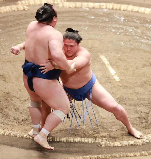 宝富士（手前）を寄り切りで破る若隆景（撮影・野上伸悟）