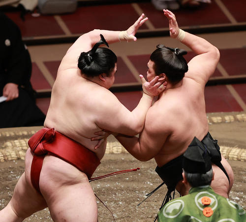 霧馬山（右）と張り合う隆の勝（撮影・野上伸悟）