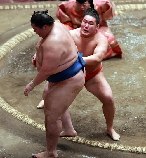 取り直しで逸ノ城（手前）を寄り切り破る豊昇龍（撮影・野上伸悟）