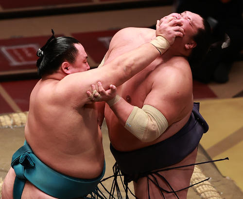 玉鷲（左）の突っ張りを耐える照ノ富士（撮影・野上伸悟）