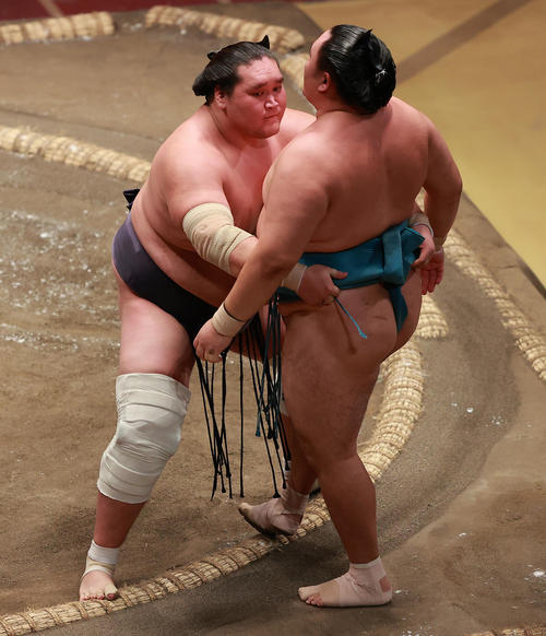 玉鷲（右）を寄り切りで破る照ノ富士（撮影・野上伸悟）