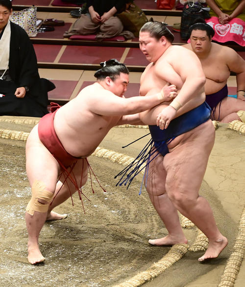 隆の勝（左）は逸ノ城を寄り切りで破る（撮影・小沢裕）