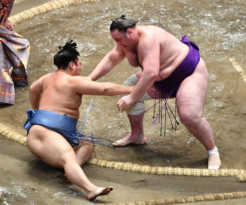 栃ノ心（右）は翔猿を寄り倒しで破る（撮影・柴田隆二）