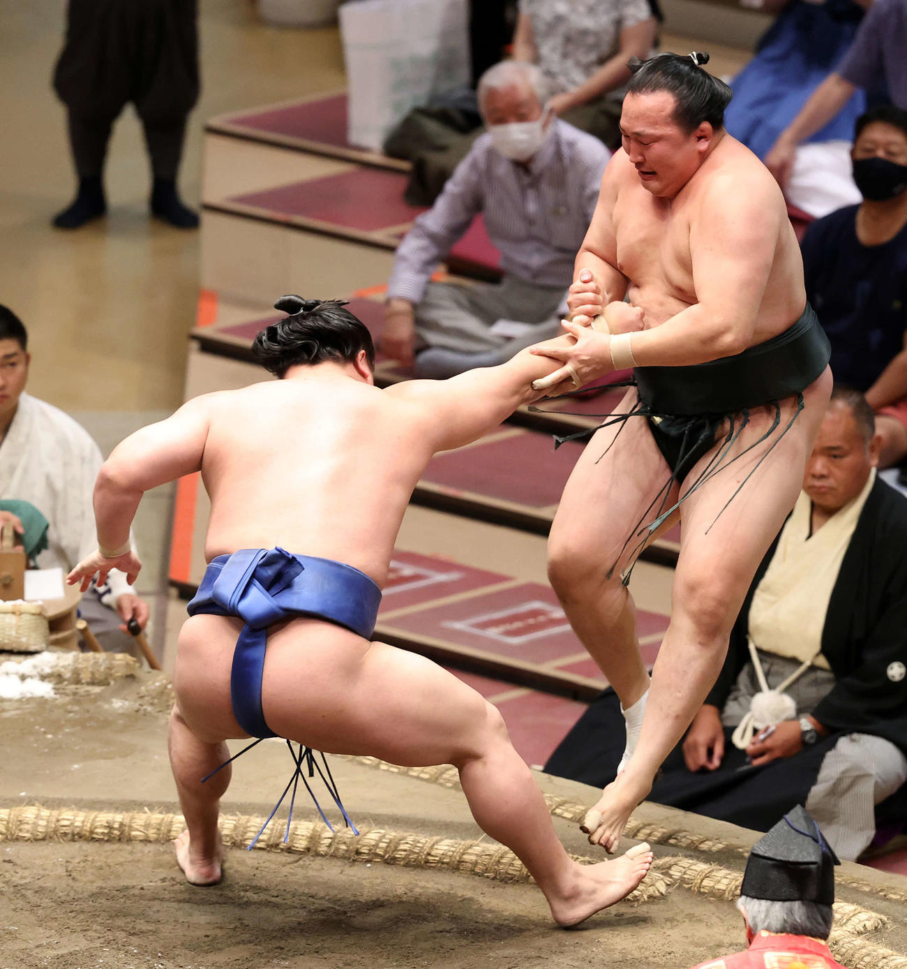 千代翔馬（右）を押し出しで破る若隆景（撮影・鈴木正人）