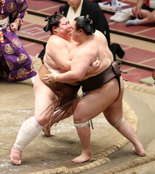 英乃海（右）を寄り切りで破る剣翔（撮影・鈴木正人）