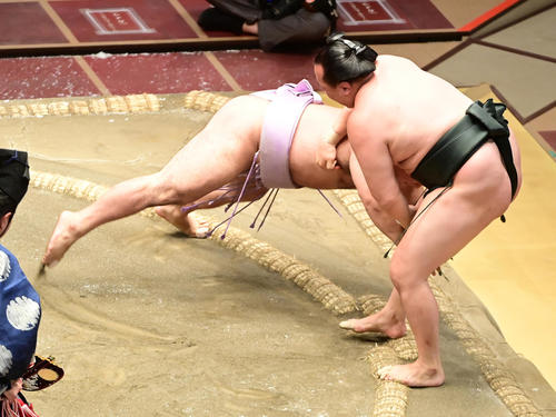 琴恵光（左）は千代翔馬を押し出しで破る（撮影・小沢裕）