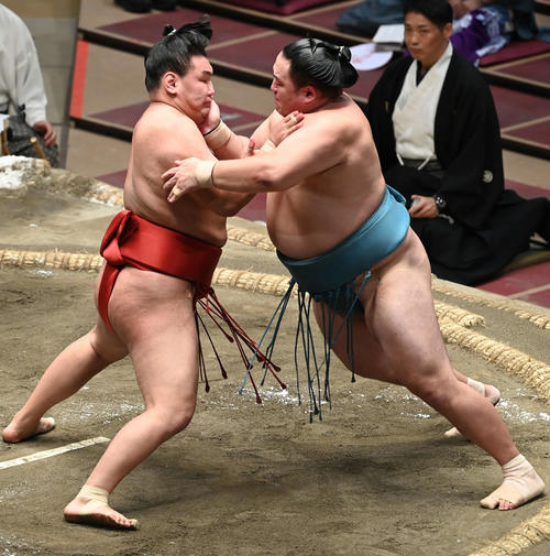 豊昇龍（左）は玉鷲を押し込む（撮影・山崎安昭）