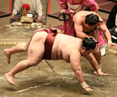 照強（上）は徳勝龍を小手投げで破る（撮影・山崎安昭）