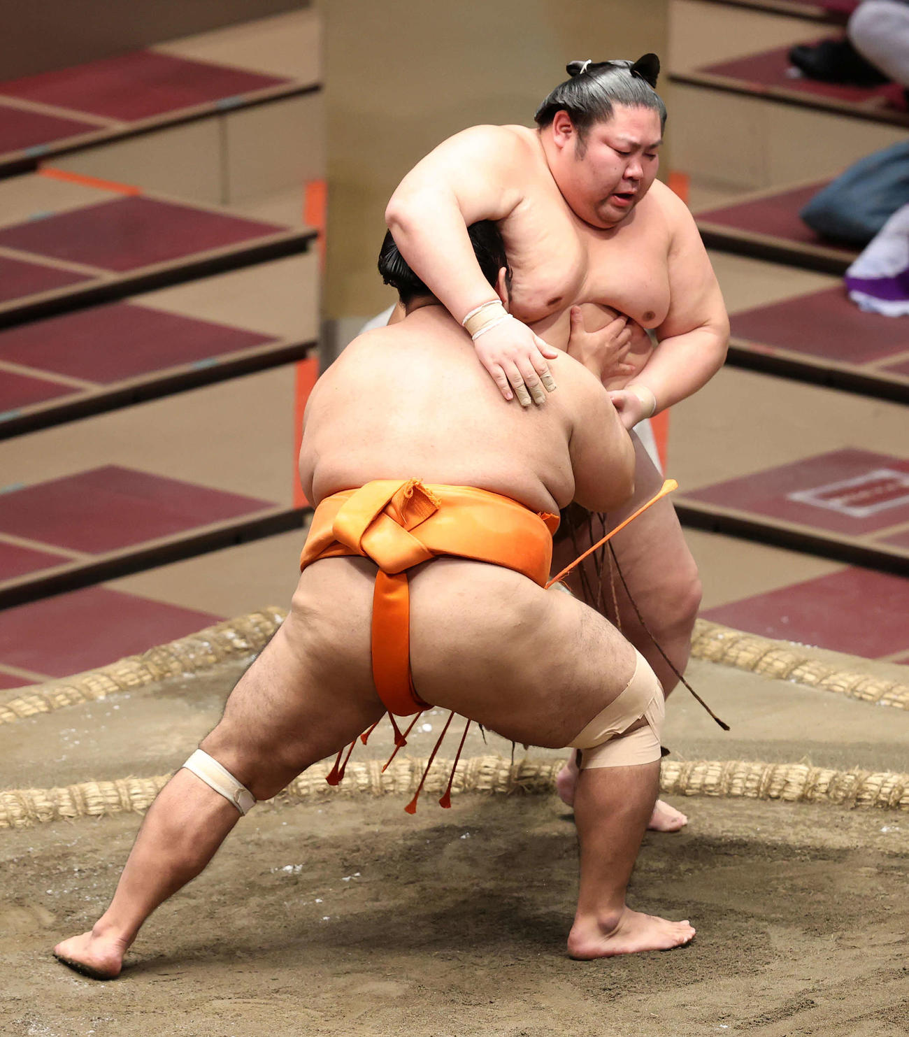 剣翔（後方）を寄り切りで破る志摩ノ海（撮影・鈴木正人）