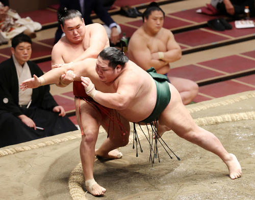 千代大龍（手前）をとったりで破る豊昇龍（撮影・鈴木正人）