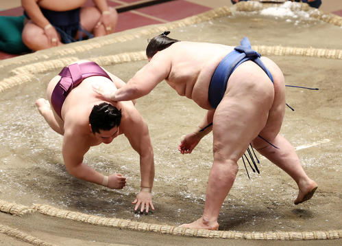逸ノ城（右）に突き落としで敗れる遠藤（撮影・鈴木正人）