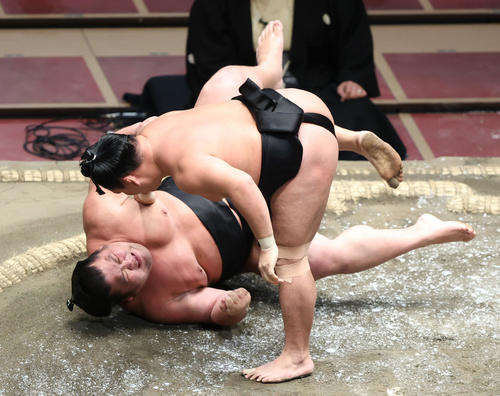 千代ノ皇（奥）を掛け投げで破る照強（撮影・河田真司）