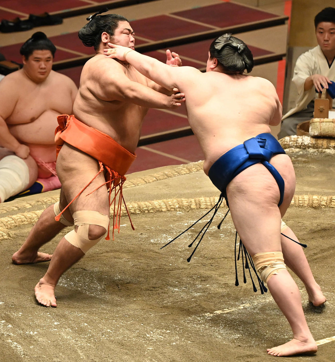 志摩ノ海（左）は一山本の押しに耐える（撮影・山崎安昭）