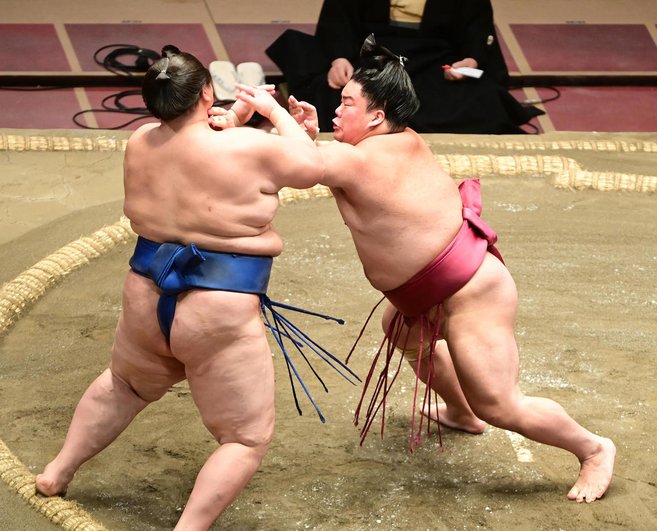 大栄翔（右）は逸ノ城を押し出しで破る（撮影・小沢裕）