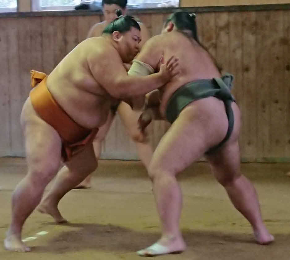 朝稽古で若い衆（右）と相撲を取る関脇御嶽海